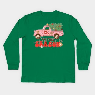 Merry Christmas Tis The Season Retro Truck Christmas Tree Kids Long Sleeve T-Shirt